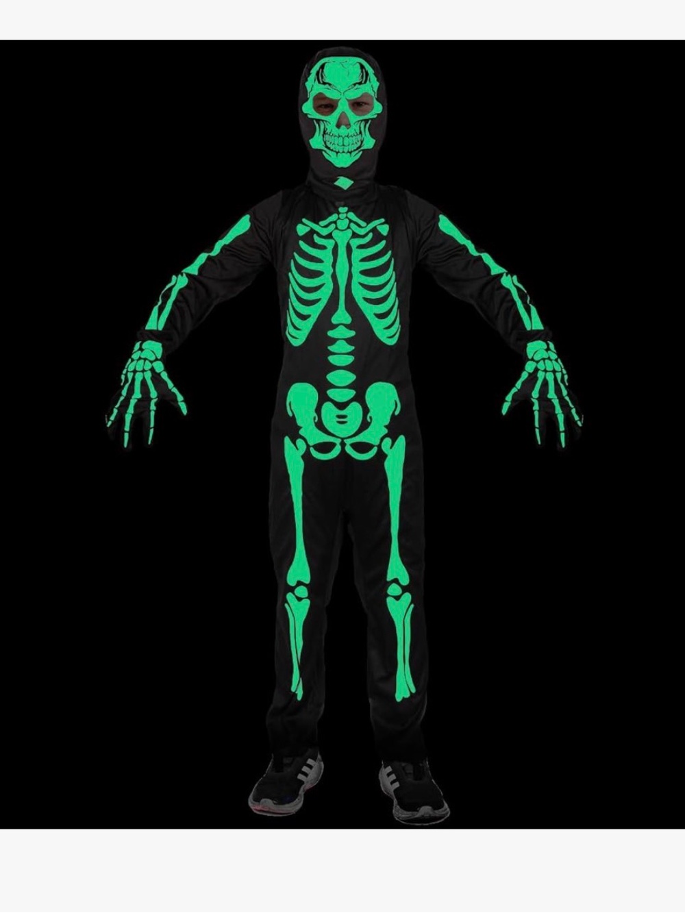 Kids Black Skeleton Costume with Hood and Gloves ~Glows in the Dark - Picture 2 of 13